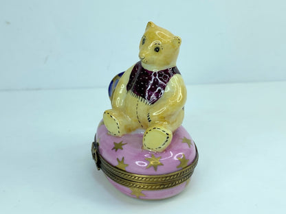 Limoges France Peint Main PV Teddy Bear with Drum Trinket Box 2.5" A471