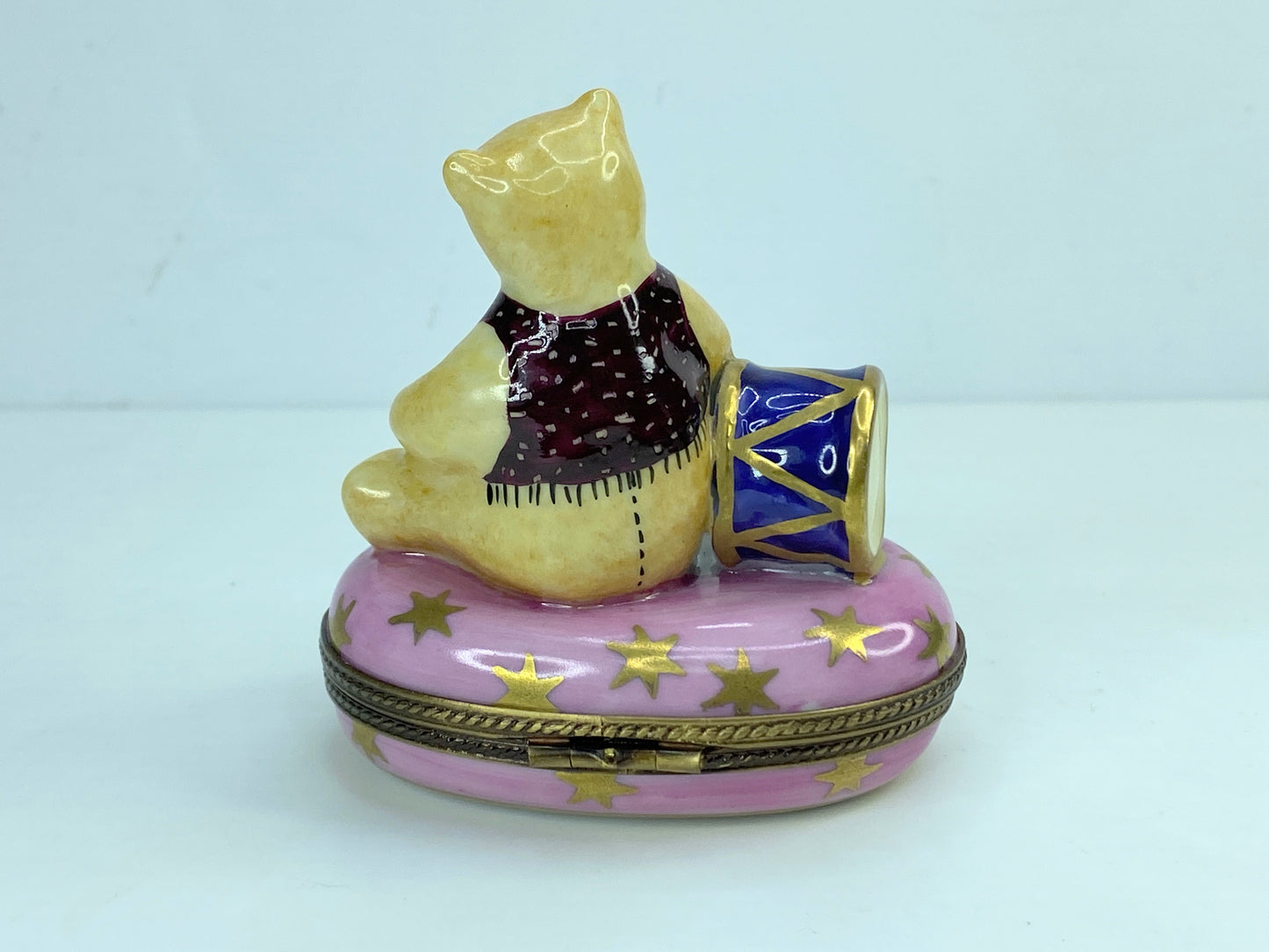 Limoges France Peint Main PV Teddy Bear with Drum Trinket Box 2.5" A471
