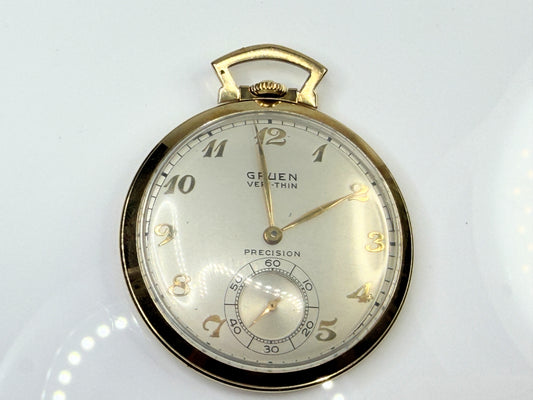 Antique Gruen Veri-Thin 14K Solid Gold 17 Jewel Pocket Watch Runs SS268