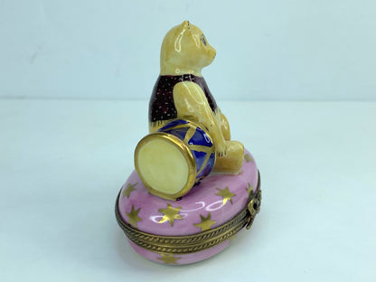 Limoges France Peint Main PV Teddy Bear with Drum Trinket Box 2.5" A471