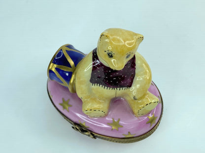 Limoges France Peint Main PV Teddy Bear with Drum Trinket Box 2.5" A471