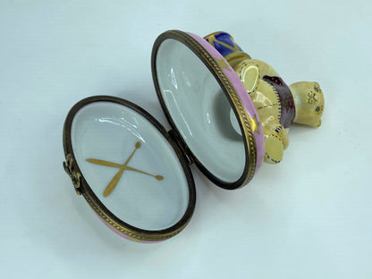 Limoges France Peint Main PV Teddy Bear with Drum Trinket Box 2.5" A471