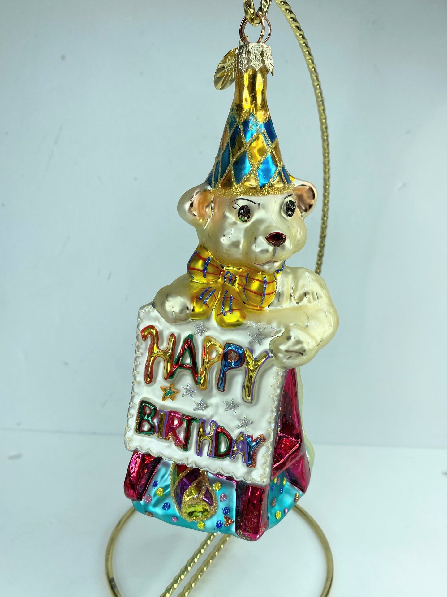 Vintage Radko glass ornament, happy birthday retired bear 6.5" mint cond NX12