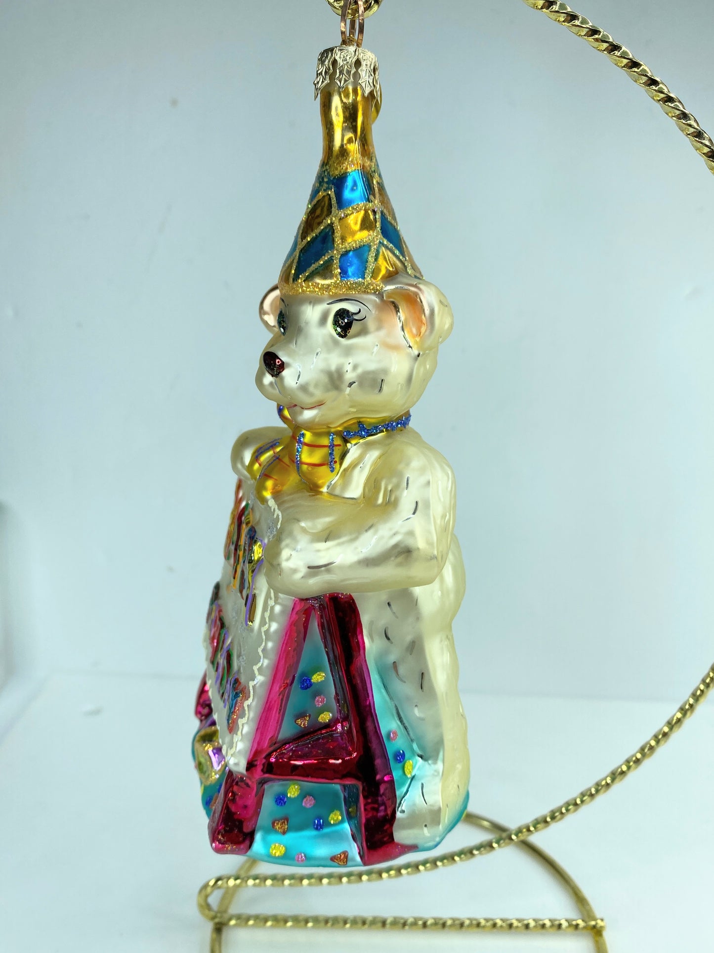Vintage Radko glass ornament, happy birthday retired bear 6.5" mint cond NX12