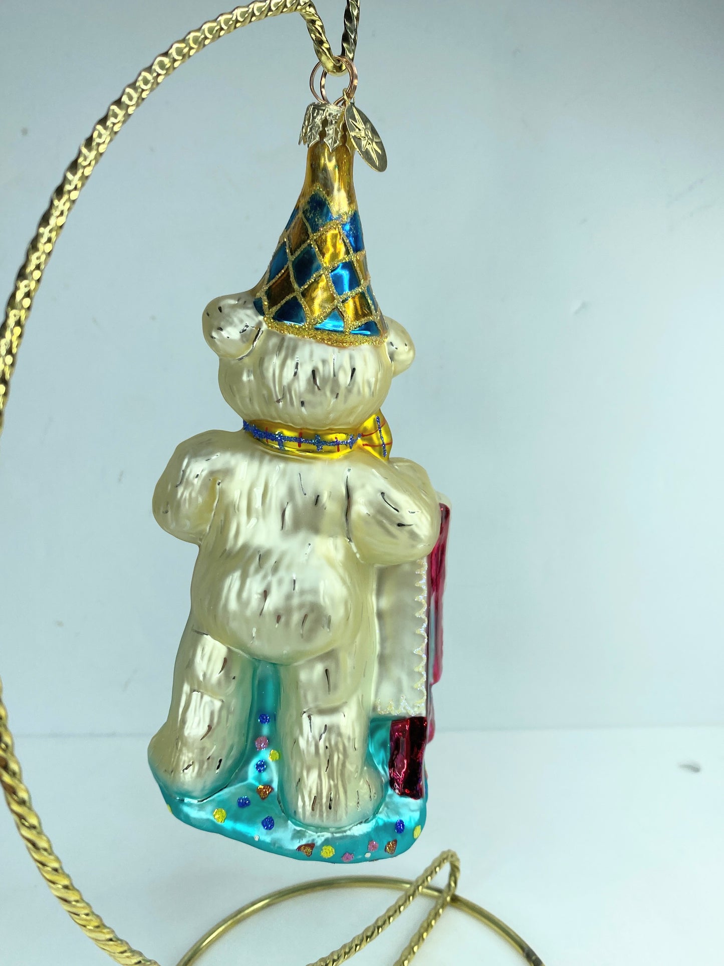 Vintage Radko glass ornament, happy birthday retired bear 6.5" mint cond NX12