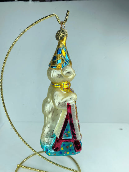 Vintage Radko glass ornament, happy birthday retired bear 6.5" mint cond NX12