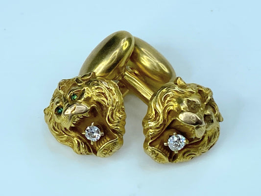 Mid-century 14K gold Diamond Lion head bust Green eye cufflink