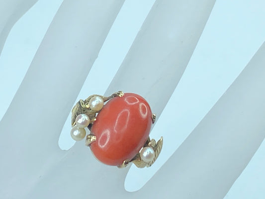 Mid-century 14K gold Salmon oval Coral cabochon cultured pearl ring