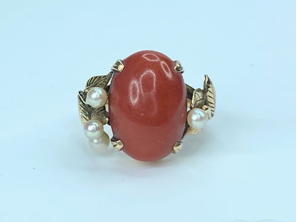 Mid-century 14K gold Salmon oval Coral cabochon cultured pearl ring