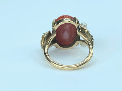 Mid-century 14K gold Salmon oval Coral cabochon cultured pearl ring