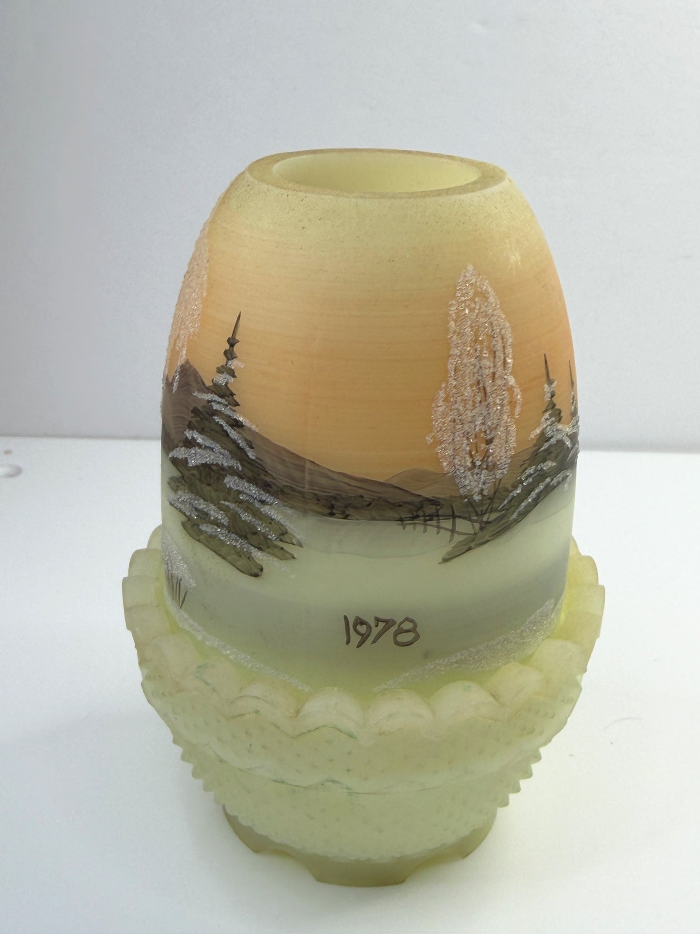 Vintage 1978 Hand Painted Satin Glass Scenic Vase Signed Andrich A888