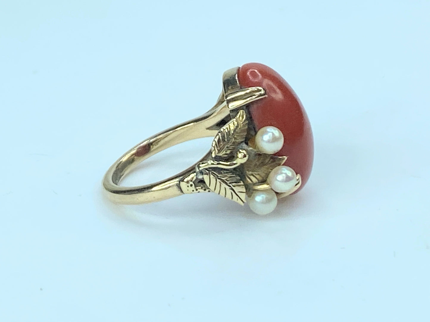 Mid-century 14K gold Salmon oval Coral cabochon cultured pearl ring