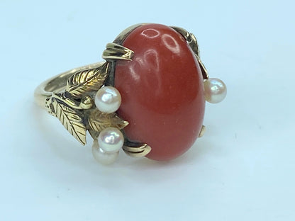 Mid-century 14K gold Salmon oval Coral cabochon cultured pearl ring