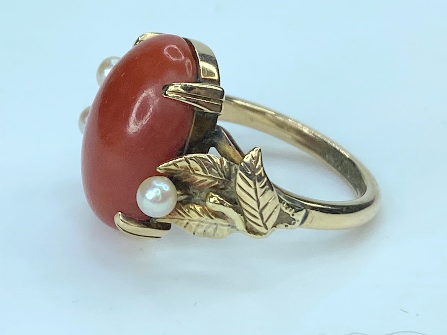 Mid-century 14K gold Salmon oval Coral cabochon cultured pearl ring