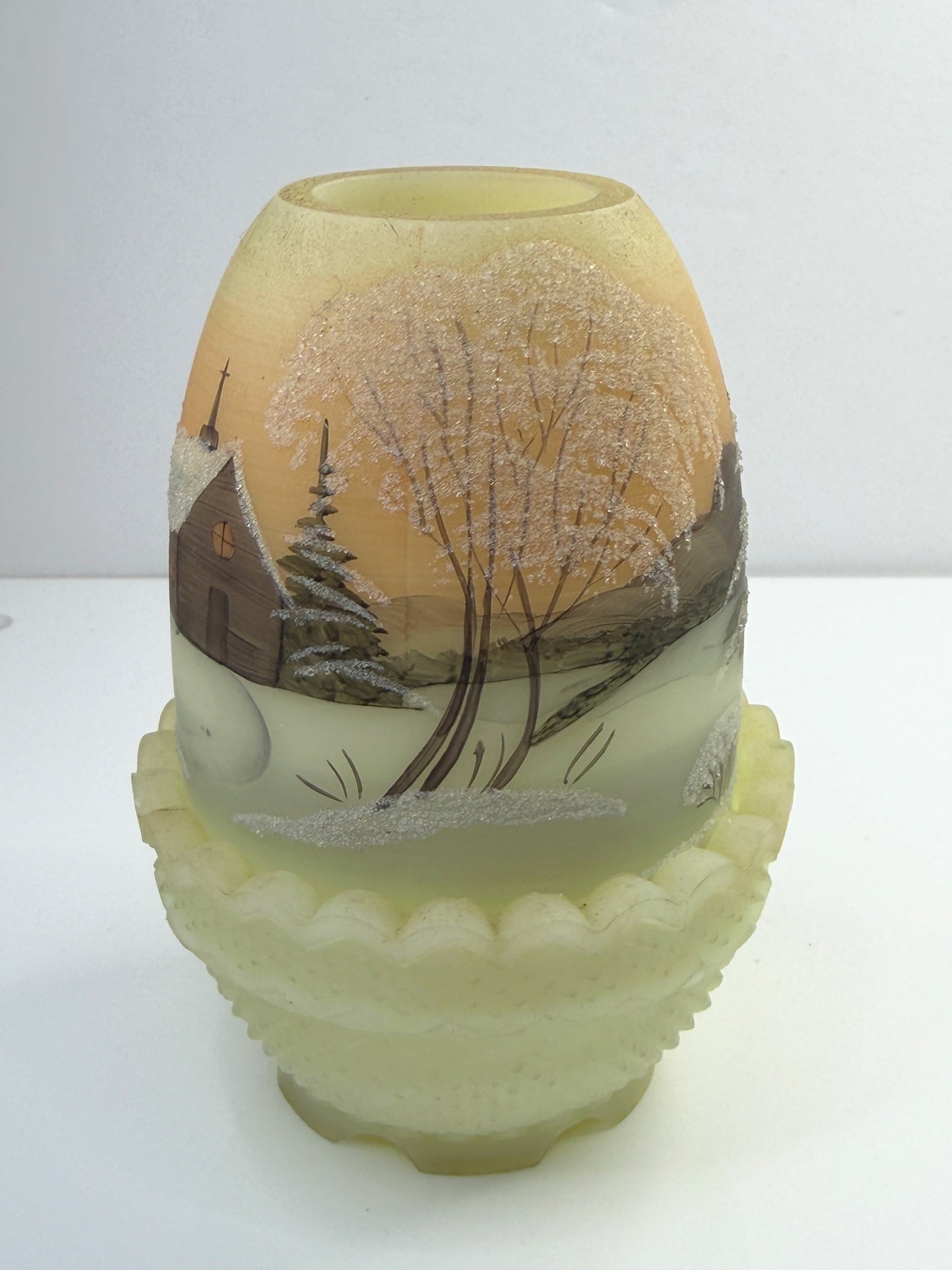 Vintage 1978 Hand Painted Satin Glass Scenic Vase Signed Andrich A888