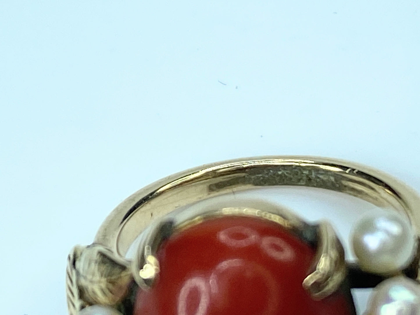 Mid-century 14K gold Salmon oval Coral cabochon cultured pearl ring