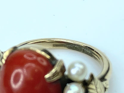 Mid-century 14K gold Salmon oval Coral cabochon cultured pearl ring