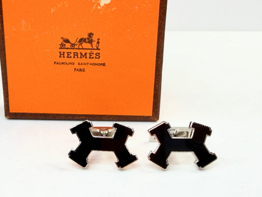 Vintage Hermes H Logo Black Enamel Palladium Cufflinks with Box SS257