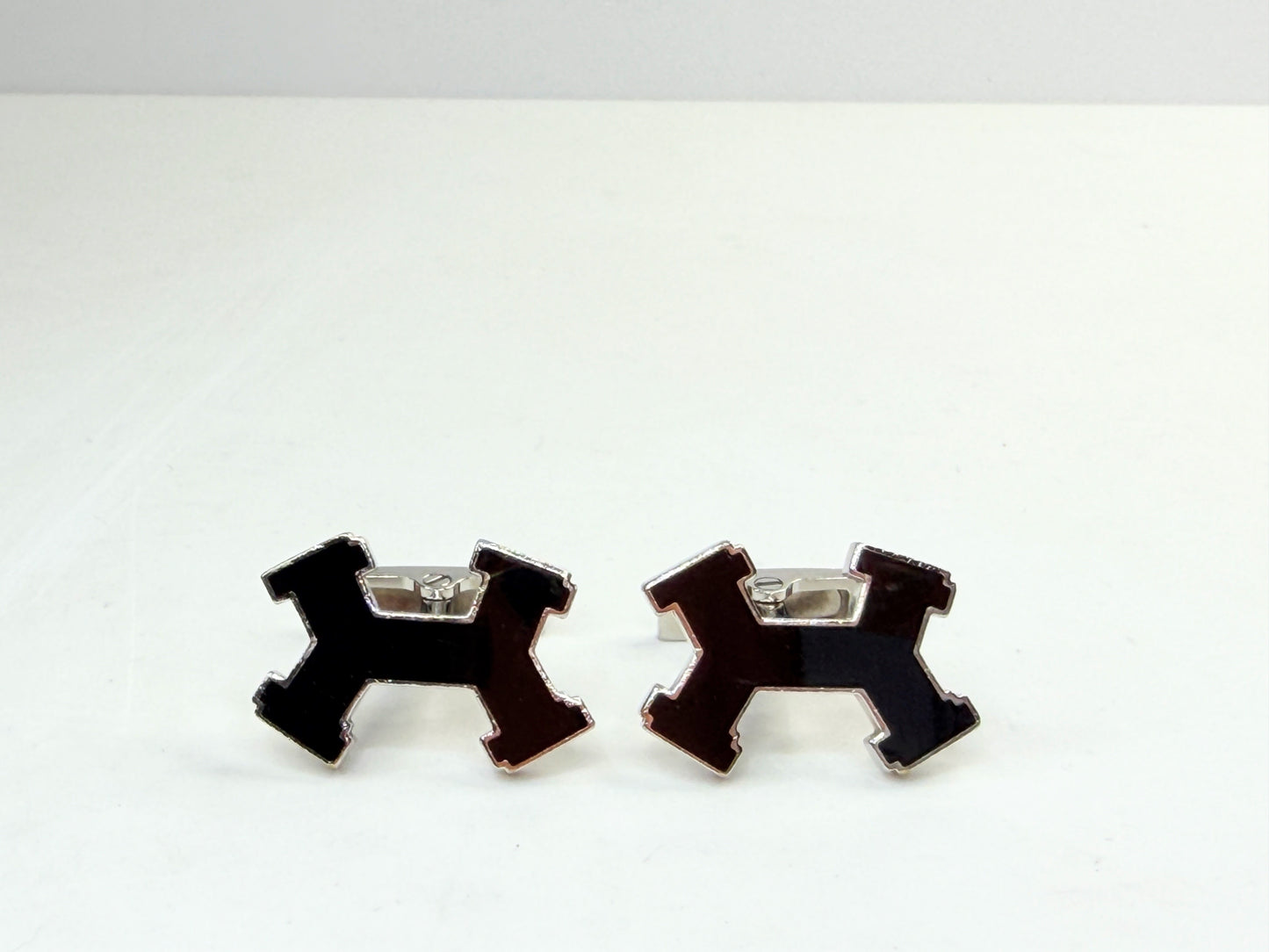 Vintage Hermes H Logo Black Enamel Palladium Cufflinks with Box SS257