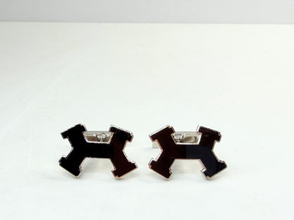 Vintage Hermes H Logo Black Enamel Palladium Cufflinks with Box SS257