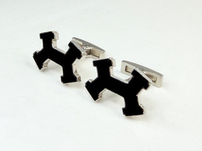 Vintage Hermes H Logo Black Enamel Palladium Cufflinks with Box SS257