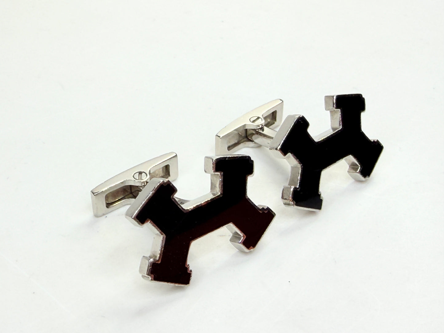Vintage Hermes H Logo Black Enamel Palladium Cufflinks with Box SS257