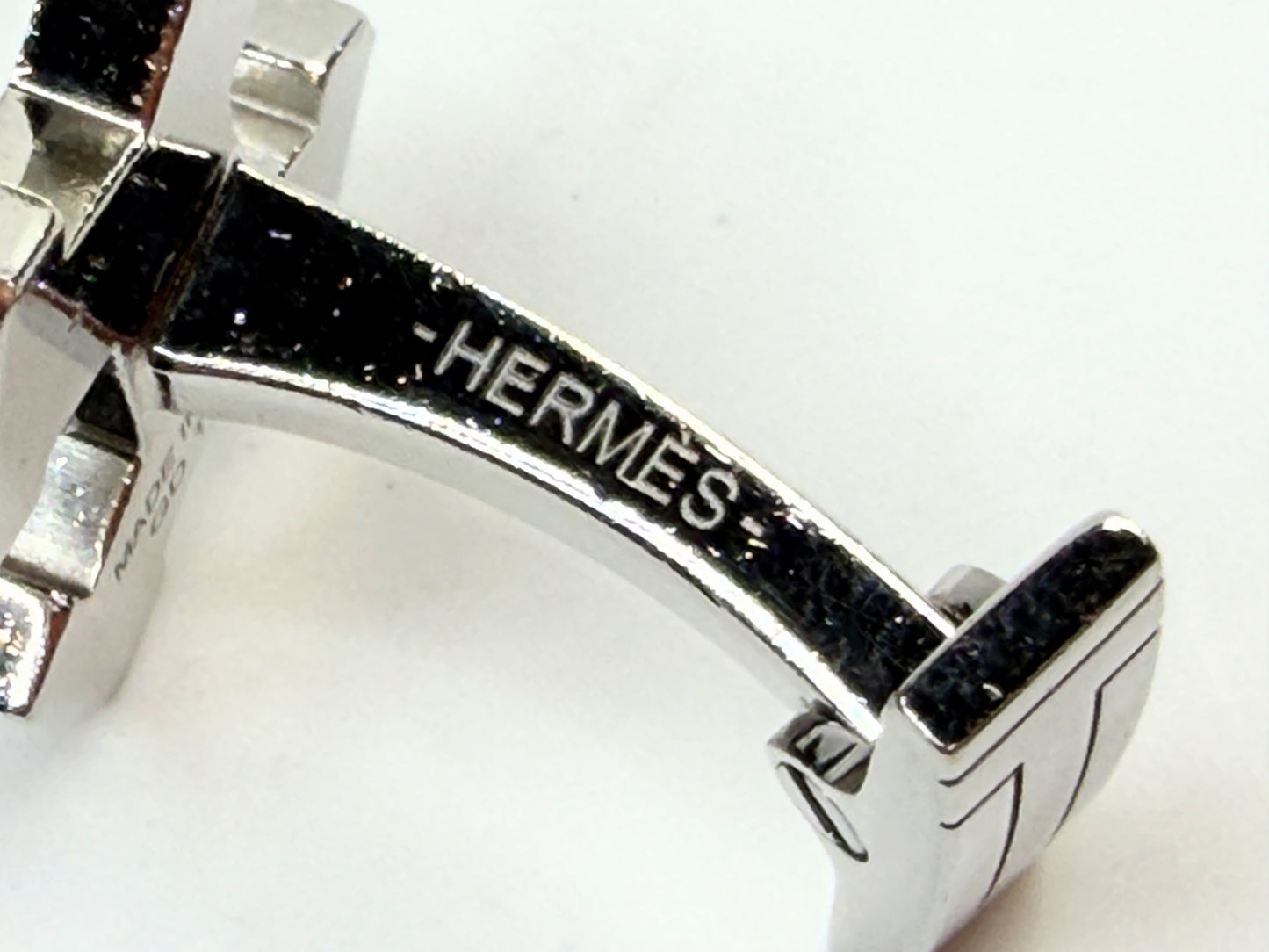 Vintage Hermes H Logo Black Enamel Palladium Cufflinks with Box SS257