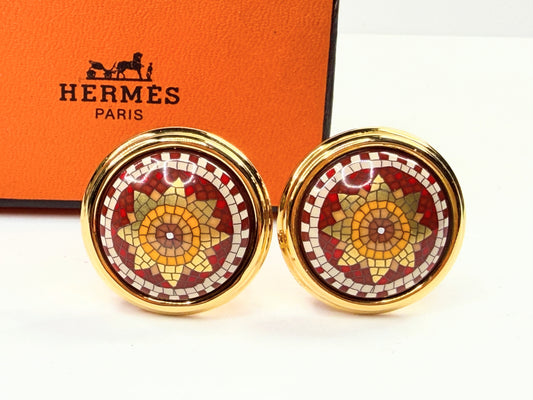 Vintage Hermes Mosaic Enamel Gold Tone Clip Earrings Round GS783