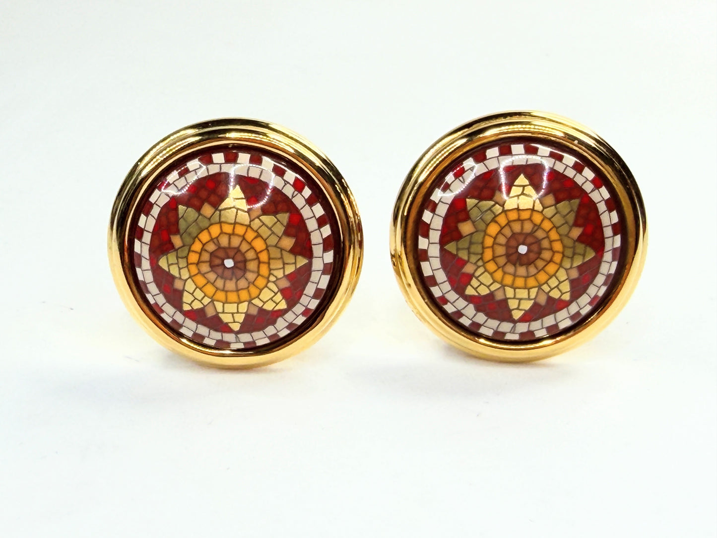 Vintage Hermes Mosaic Enamel Gold Tone Clip Earrings Round GS783