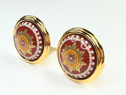 Vintage Hermes Mosaic Enamel Gold Tone Clip Earrings Round GS783