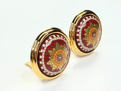 Vintage Hermes Mosaic Enamel Gold Tone Clip Earrings Round GS783