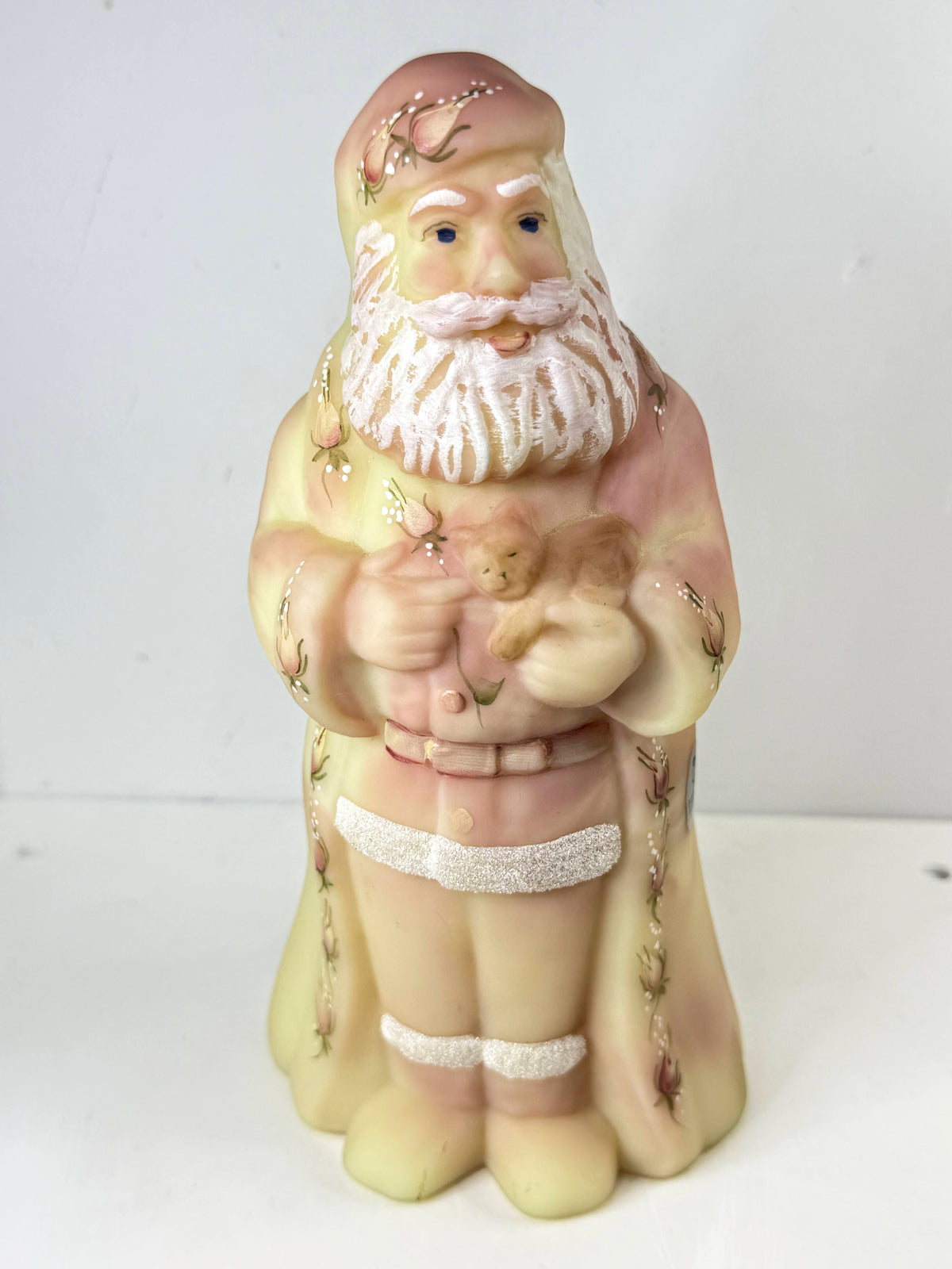 Fenton 5249 Burmese Santa with Kitten UV Glow Signed Vintage Glass A1309