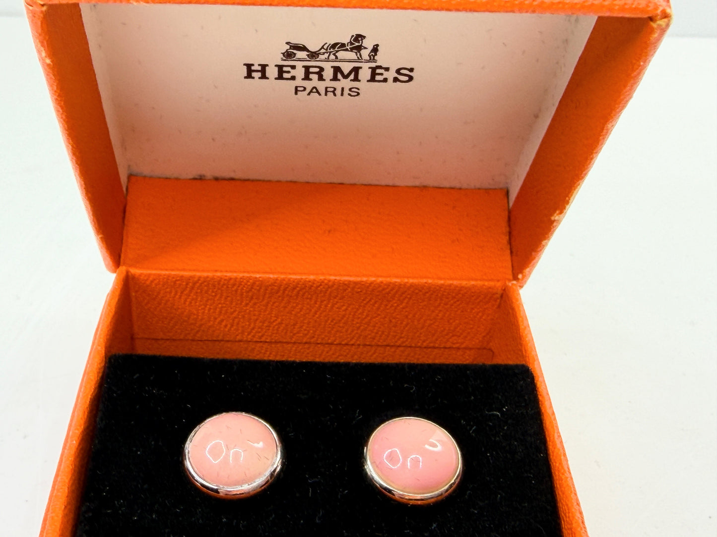 Vintage Hermes Pink Enamel Palladium Stud Earrings w Box GS782