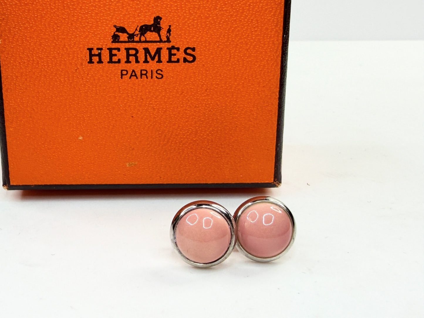 Vintage Hermes Pink Enamel Palladium Stud Earrings w Box GS782
