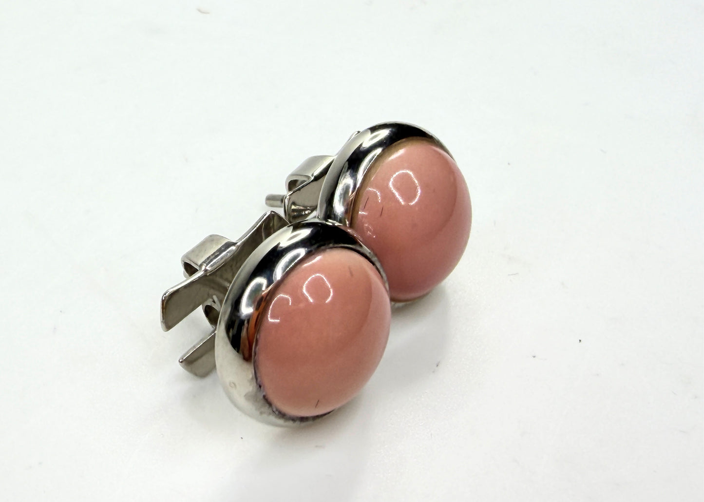 Vintage Hermes Pink Enamel Palladium Stud Earrings w Box GS782