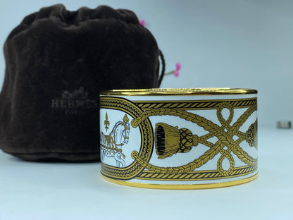Hermes Enamel Wide Grand Apparat Bracelet White & Gold Printed GS386