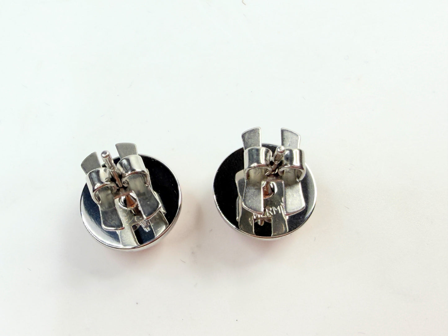 Vintage Hermes Pink Enamel Palladium Stud Earrings w Box GS782