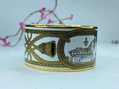 Hermes Enamel Wide Grand Apparat Bracelet White & Gold Printed GS386