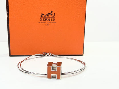 Vintage Hermes H Cube Cage Pendant Necklace Orange Enamel Palladium GS784