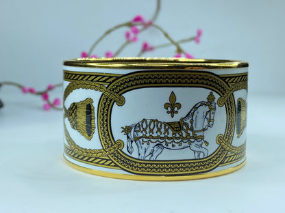 Hermes Enamel Wide Grand Apparat Bracelet White & Gold Printed GS386