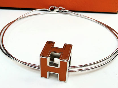 Vintage Hermes H Cube Cage Pendant Necklace Orange Enamel Palladium GS784