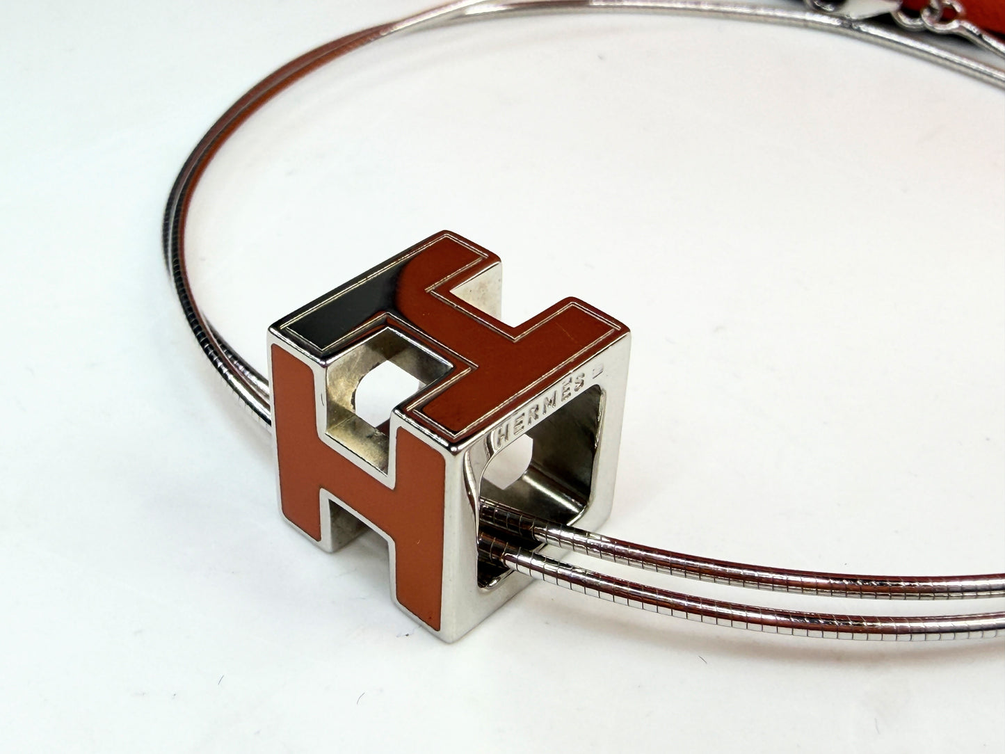 Vintage Hermes H Cube Cage Pendant Necklace Orange Enamel Palladium GS784
