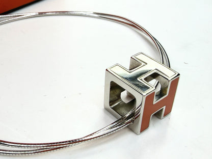 Vintage Hermes H Cube Cage Pendant Necklace Orange Enamel Palladium GS784