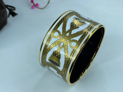 Hermes Enamel Wide Grand Apparat Bracelet White & Gold Printed GS386