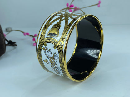 Hermes Enamel Wide Grand Apparat Bracelet White & Gold Printed GS386