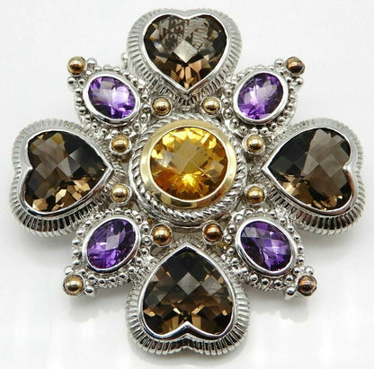 Judith Ripka Sterling 14K Smoky Quartz Citrine Amethyst enhancer brooch JR8822