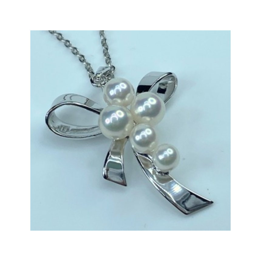 Mikimoto Five Akoya Pearls Ribbon bow Sterling pendant necklace