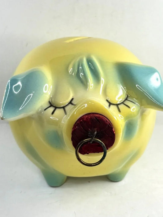 Rare Vintage Hull USA 1957 Corky Pig Piggy Bank Yellow Blue A950