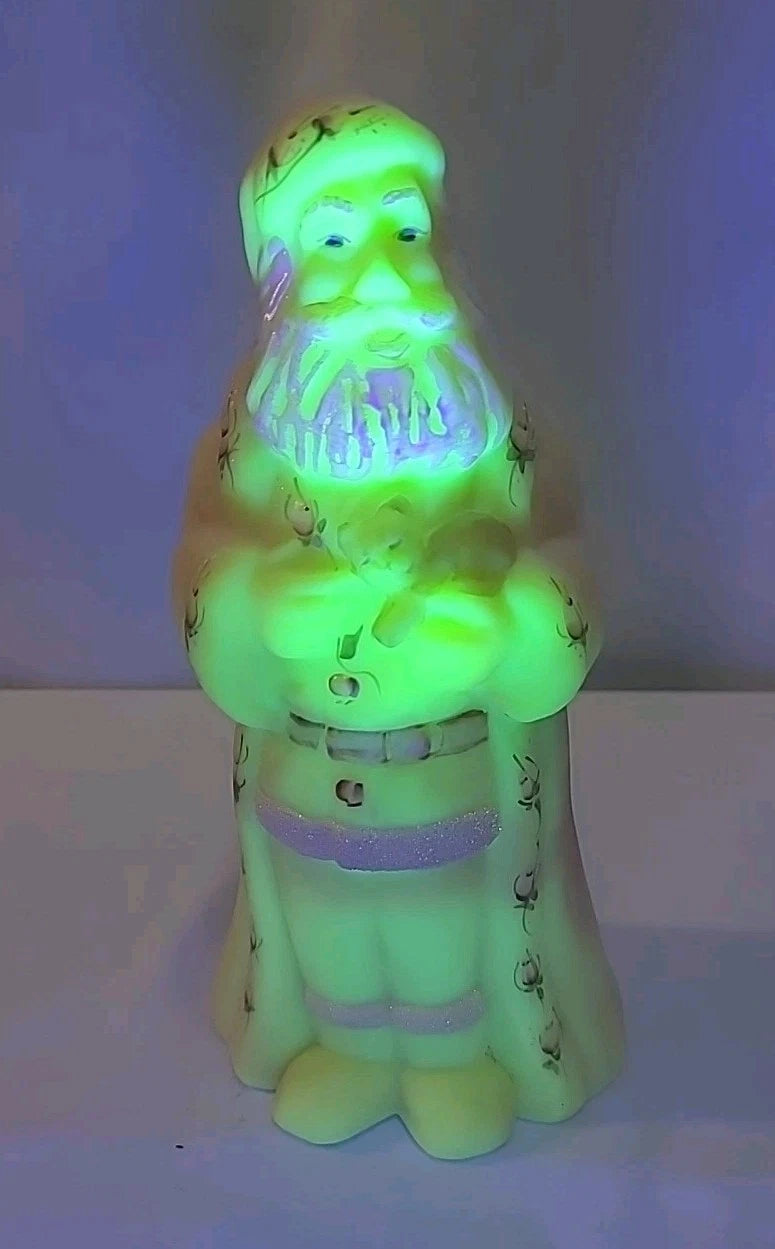 Fenton 5249 Burmese Santa with Kitten UV Glow Signed Vintage Glass A1309