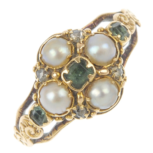 Victorian 15K Emerald Seed Pearl & gems drss ring s7 2.1g JR9658